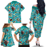 Hawaii Map with Plumeria Flower and Palaka Pattern Family Matching Off The Shoulder Long Sleeve Dress and Hawaiian Shirt Tropical Island Teal Design