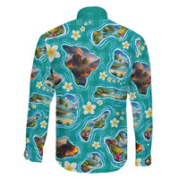 Hawaii Map with Plumeria Flower and Palaka Pattern Family Matching Off Shoulder Maxi Dress and Hawaiian Shirt Tropical Island Teal Design