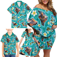 Hawaii Map with Plumeria Flower and Palaka Pattern Family Matching Off Shoulder Short Dress and Hawaiian Shirt Tropical Island Teal Design