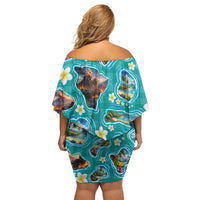Hawaii Map with Plumeria Flower and Palaka Pattern Family Matching Off Shoulder Short Dress and Hawaiian Shirt Tropical Island Teal Design