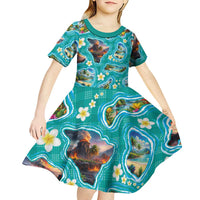 Hawaii Map with Plumeria Flower and Palaka Pattern Kid Short Sleeve Dress Tropical Island Teal Design