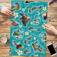 Hawaii Map with Plumeria Flower and Palaka Pattern Puzzle Tropical Island Teal Design LT03 Teal - Polynesian Pride