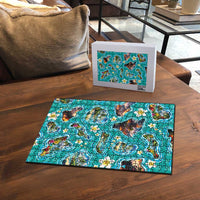 Hawaii Map with Plumeria Flower and Palaka Pattern Puzzle Tropical Island Teal Design LT03 - Polynesian Pride