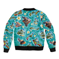 Hawaii Map with Plumeria Flower and Palaka Pattern Sleeve Zip Bomber Jacket Tropical Island Teal Design LT03 - Polynesian Pride
