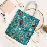 Hawaii Map with Plumeria Flower and Palaka Pattern Tote Bag Tropical Island Teal Design LT03 White Strap One Size Teal - Polynesian Pride