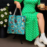 Hawaii Map with Plumeria Flower and Palaka Pattern Tote Bag Tropical Island Teal Design LT03 - Polynesian Pride