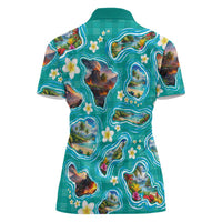 Hawaii Map with Plumeria Flower and Palaka Pattern Women Polo Shirt Tropical Island Teal Design