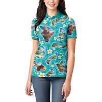 Hawaii Map with Plumeria Flower and Palaka Pattern Women Polo Shirt Tropical Island Teal Design