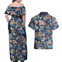 Hawaii Islands Map Design with Japanese Landscape Couples Matching Off Shoulder Maxi Dress and Hawaiian Shirt Hawaiian Japan Fusion Art Navy Color
