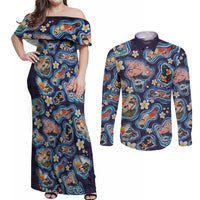 Hawaii Islands Map Design with Japanese Landscape Couples Matching Off Shoulder Maxi Dress and Long Sleeve Button Shirt Hawaiian Japan Fusion Art Navy Color