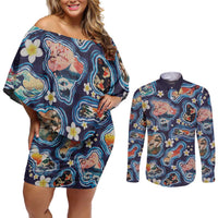 Hawaii Islands Map Design with Japanese Landscape Couples Matching Off Shoulder Short Dress and Long Sleeve Button Shirt Hawaiian Japan Fusion Art Navy Color