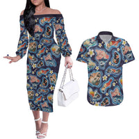 Hawaii Islands Map Design with Japanese Landscape Couples Matching Off The Shoulder Long Sleeve Dress and Hawaiian Shirt Hawaiian Japan Fusion Art Navy Color