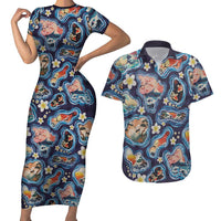 Hawaii Islands Map Design with Japanese Landscape Couples Matching Short Sleeve Bodycon Dress and Hawaiian Shirt Hawaiian Japan Fusion Art Navy Color