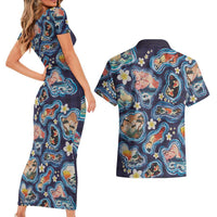 Hawaii Islands Map Design with Japanese Landscape Couples Matching Short Sleeve Bodycon Dress and Hawaiian Shirt Hawaiian Japan Fusion Art Navy Color