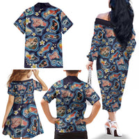 Hawaii Islands Map Design with Japanese Landscape Family Matching Off The Shoulder Long Sleeve Dress and Hawaiian Shirt Hawaiian Japan Fusion Art Navy Color