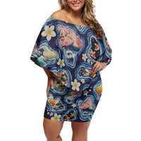 Hawaii Islands Map Design with Japanese Landscape Family Matching Off Shoulder Short Dress and Hawaiian Shirt Hawaiian Japan Fusion Art Navy Color LT03 Mom's Dress Navy - Polynesian Pride
