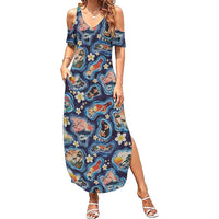 Hawaii Islands Map Design with Japanese Landscape Family Matching Summer Maxi Dress and Hawaiian Shirt Hawaiian Japan Fusion Art Navy Color LT03 Mom's Dress Navy - Polynesian Pride