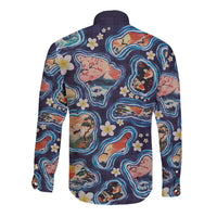 Hawaii Islands Map Design with Japanese Landscape Long Sleeve Button Shirt Hawaiian Japan Fusion Art Navy Color LT03 - Polynesian Pride