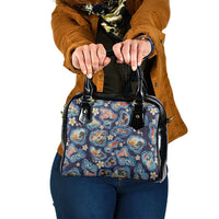 Hawaii Islands Map Design with Japanese Landscape Shoulder Handbag Hawaiian Japan Fusion Art Navy Color