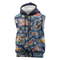 Hawaii Islands Map Design with Japanese Landscape Sleeveless Zip Hoodie Hawaiian Japan Fusion Art Navy Color