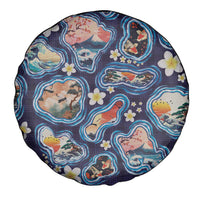 Hawaii Islands Map Design with Japanese Landscape Spare Tire Cover Hawaiian Japan Fusion Art Navy Color