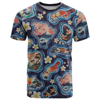 Hawaii Islands Map Design with Japanese Landscape T Shirt Hawaiian Japan Fusion Art Navy Color