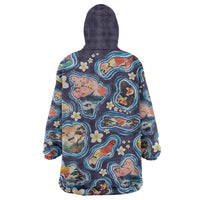 Hawaii Islands Map Design with Japanese Landscape Wearable Blanket Hoodie Hawaiian Japan Fusion Art Navy Color