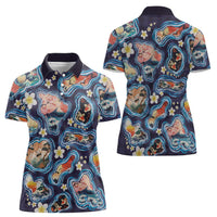 Hawaii Islands Map Design with Japanese Landscape Women Polo Shirt Hawaiian Japan Fusion Art Navy Color