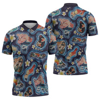 Hawaii Islands Map Design with Japanese Landscape Zipper Polo Shirt Hawaiian Japan Fusion Art Navy Color