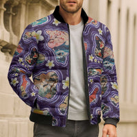 Hawaii Islands Map Design with Japanese Landscape Bomber Puffer Jacket Hawaiian Japan Fusion Art Purple Color