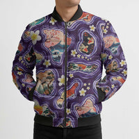 Hawaii Islands Map Design with Japanese Landscape Bomber Puffer Jacket Hawaiian Japan Fusion Art Purple Color