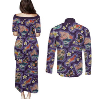 Hawaii Islands Map Design with Japanese Landscape Couples Matching Puletasi and Long Sleeve Button Shirt Hawaiian Japan Fusion Art Purple Color
