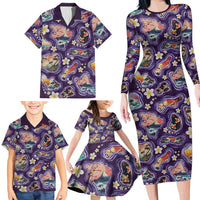 Hawaii Islands Map Design with Japanese Landscape Family Matching Long Sleeve Bodycon Dress and Hawaiian Shirt Hawaiian Japan Fusion Art Purple Color