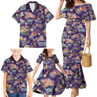 Hawaii Islands Map Design with Japanese Landscape Family Matching Mermaid Dress and Hawaiian Shirt Hawaiian Japan Fusion Art Purple Color