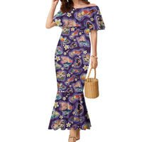 Hawaii Islands Map Design with Japanese Landscape Family Matching Mermaid Dress and Hawaiian Shirt Hawaiian Japan Fusion Art Purple Color