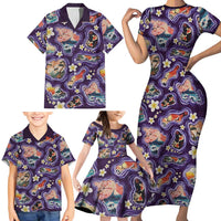 Hawaii Islands Map Design with Japanese Landscape Family Matching Short Sleeve Bodycon Dress and Hawaiian Shirt Hawaiian Japan Fusion Art Purple Color