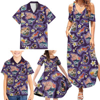 Hawaii Islands Map Design with Japanese Landscape Family Matching Summer Maxi Dress and Hawaiian Shirt Hawaiian Japan Fusion Art Purple Color