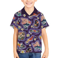 Hawaii Islands Map Design with Japanese Landscape Family Matching Tank Maxi Dress and Hawaiian Shirt Hawaiian Japan Fusion Art Purple Color LT03 Son's Shirt Purple - Polynesian Pride