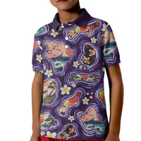 Hawaii Islands Map Design with Japanese Landscape Kid Polo Shirt Hawaiian Japan Fusion Art Purple Color