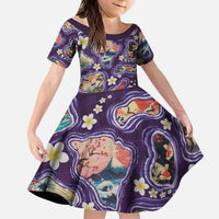 Hawaii Islands Map Design with Japanese Landscape Kid Short Sleeve Dress Hawaiian Japan Fusion Art Purple Color