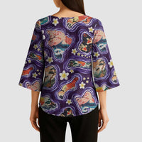Hawaii Islands Map Design with Japanese Landscape Kimono Sleeve Blouse Hawaiian Japan Fusion Art Purple Color