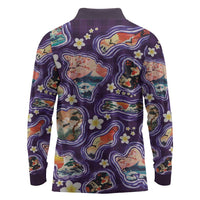 Hawaii Islands Map Design with Japanese Landscape Long Sleeve Polo Shirt Hawaiian Japan Fusion Art Purple Color