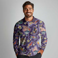 Hawaii Islands Map Design with Japanese Landscape Long Sleeve Polo Shirt Hawaiian Japan Fusion Art Purple Color