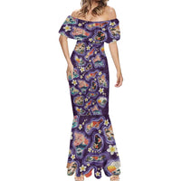 Hawaii Islands Map Design with Japanese Landscape Mermaid Dress Hawaiian Japan Fusion Art Purple Color