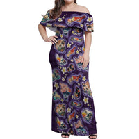 Hawaii Islands Map Design with Japanese Landscape Off Shoulder Maxi Dress Hawaiian Japan Fusion Art Purple Color
