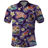 Hawaii Islands Map Design with Japanese Landscape Polo Shirt Hawaiian Japan Fusion Art Purple Color