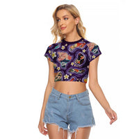 Hawaii Islands Map Design with Japanese Landscape Raglan Cropped T Shirt Hawaiian Japan Fusion Art Purple Color