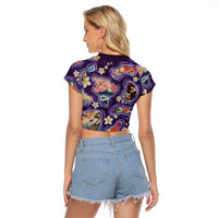 Hawaii Islands Map Design with Japanese Landscape Raglan Cropped T Shirt Hawaiian Japan Fusion Art Purple Color