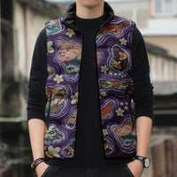 Hawaii Islands Map Design with Japanese Landscape Sleeveless Puffer Jacket Hawaiian Japan Fusion Art Purple Color