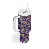 Hawaii Islands Map Design with Japanese Landscape Tumbler With Handle Hawaiian Japan Fusion Art Purple Color